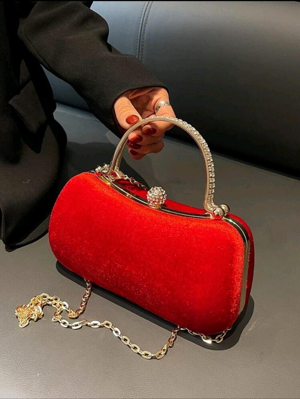BRAND NEW ** Elegant Red Velvet Evening Clutch with Crystal Handle